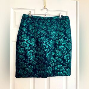 J Crew Brocade Pencil Skirt: Black Metallic Green Knee-Length Lined 14